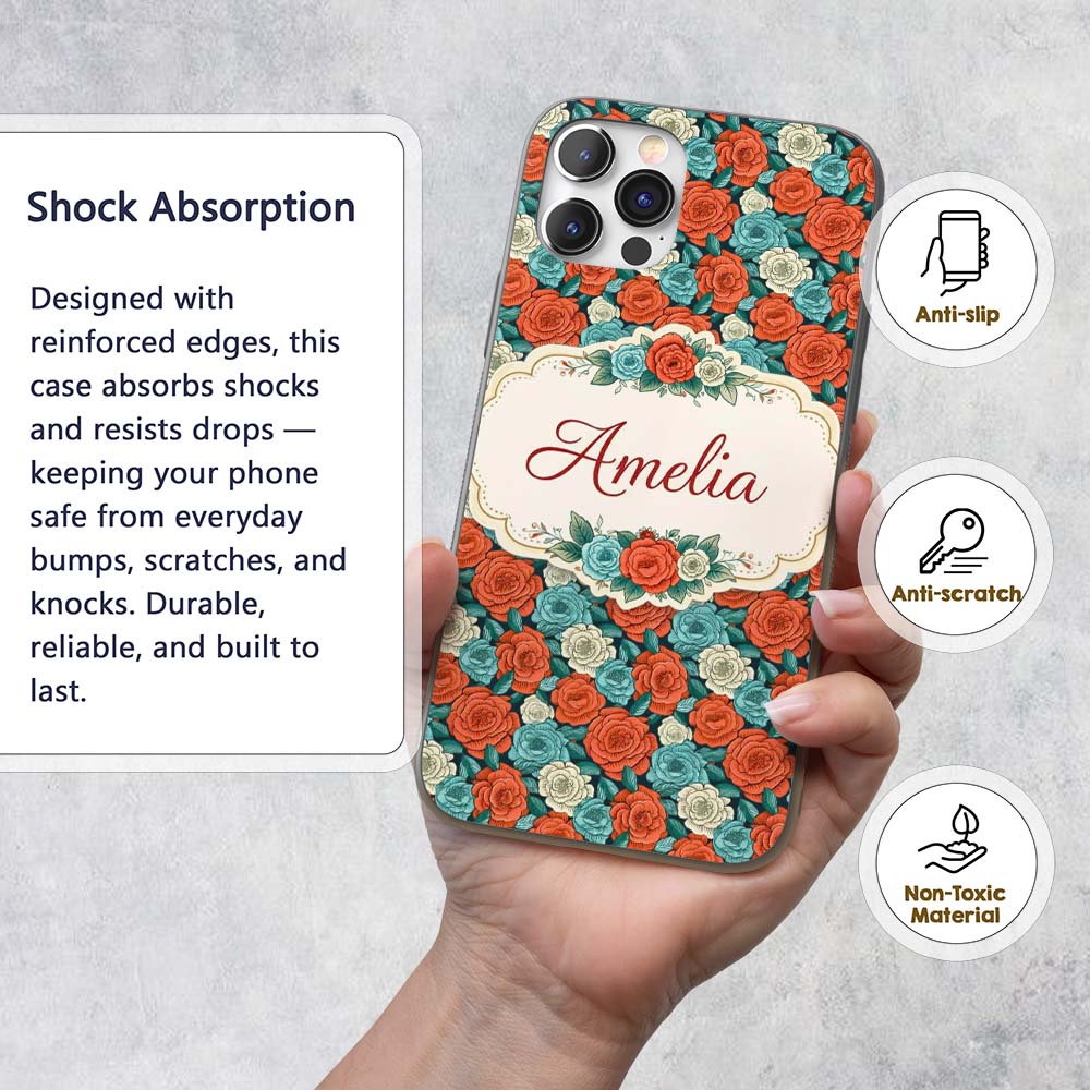 Soft Ivory Pink Floral Seamless Printed Design Custom Name Protective Phone Case Mobile Cover Durable Everyday Smartphone Shock Resistant