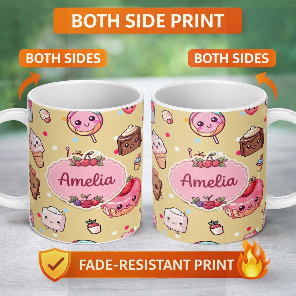 Personalized Custom Name Cute Kawaii Dessert Cake Cupcake Donut Candy Sweet Treat Seamless 11oz Ceramic Coffee Tea Mug White Large Handle