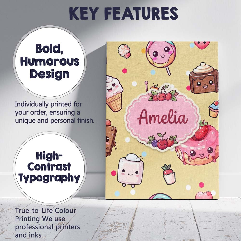 Personalised Name Cute Kawaii Dessert Cake Custom Unique Gift Idea Elegant Feature Canvas Wall Art Print Decor Picture Ready to Hang