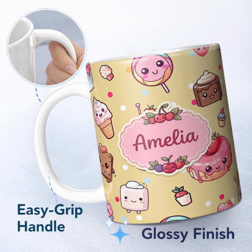 Personalized Custom Name Cute Kawaii Dessert Cake Cupcake Donut Candy Sweet Treat Seamless 11oz Ceramic Coffee Tea Mug White Large Handle