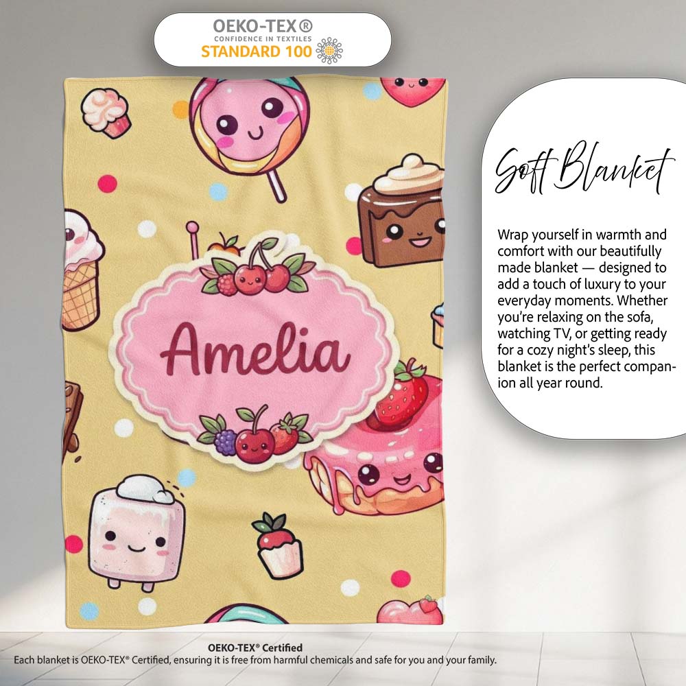 Cute Kawaii Dessert Cake Cupcake Donut Candy Sweet Treat Seamless Personalised Custom Name Super Soft Fleece Blanket Bed Sofa Throw
