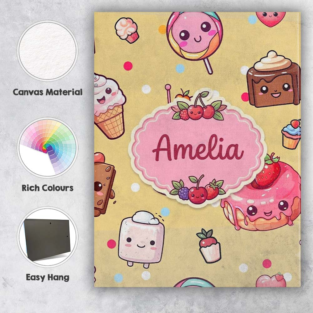 Personalised Name Cute Kawaii Dessert Cake Custom Unique Gift Idea Elegant Feature Canvas Wall Art Print Decor Picture Ready to Hang