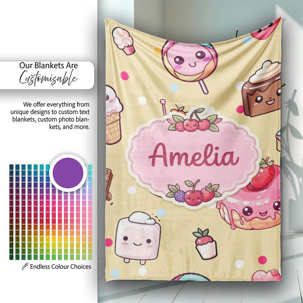 Cute Kawaii Dessert Cake Cupcake Donut Candy Sweet Treat Seamless Personalised Custom Name Super Soft Fleece Blanket Bed Sofa Throw