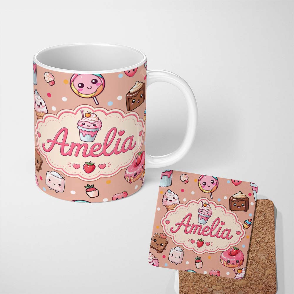 Personalized Custom Name Cute Kawaii Dessert Cake Cupcake Donut Candy Sweet Treat Seamless 11oz Ceramic Coffee Tea Mug White Large Handle
