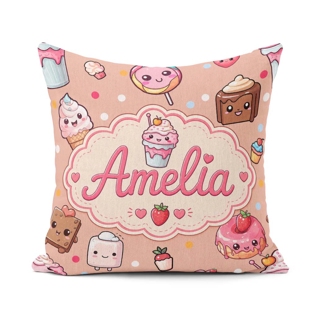Custom Name Kawaii Dessert Cake Donut Candy Sweet Treat Seamless Square Filled Cushion Throw Pillow Sofa Bed Home Decor Zip Washable UK Made