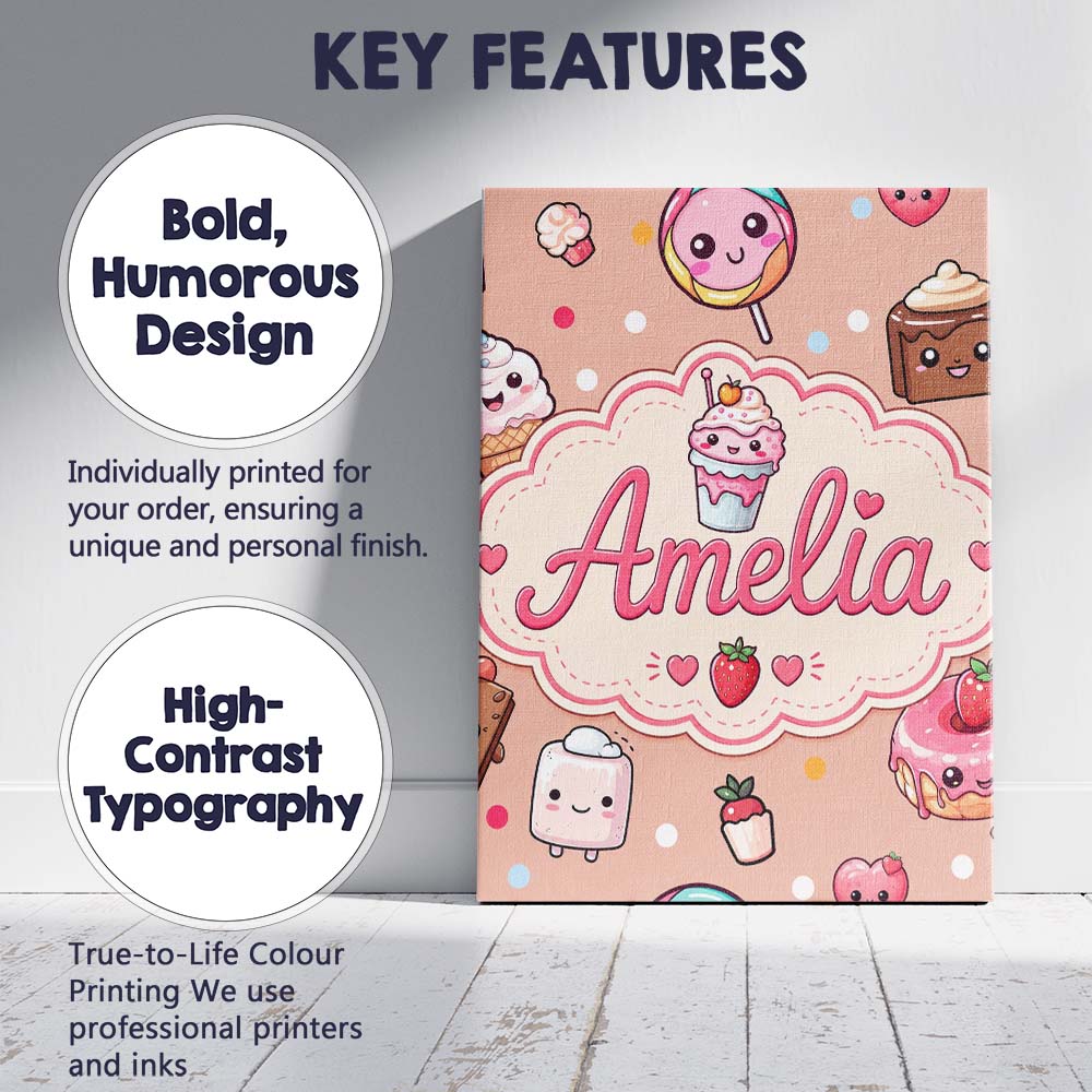 Personalised Name Cute Kawaii Dessert Cake Custom Unique Gift Idea Elegant Feature Canvas Wall Art Print Decor Picture Ready to Hang