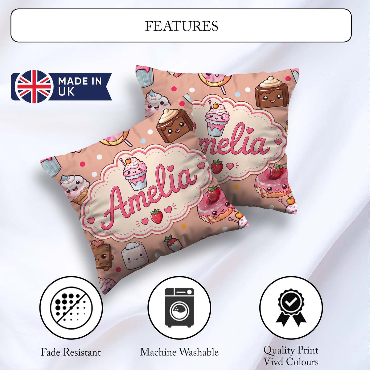 Custom Name Kawaii Dessert Cake Donut Candy Sweet Treat Seamless Square Filled Cushion Throw Pillow Sofa Bed Home Decor Zip Washable UK Made