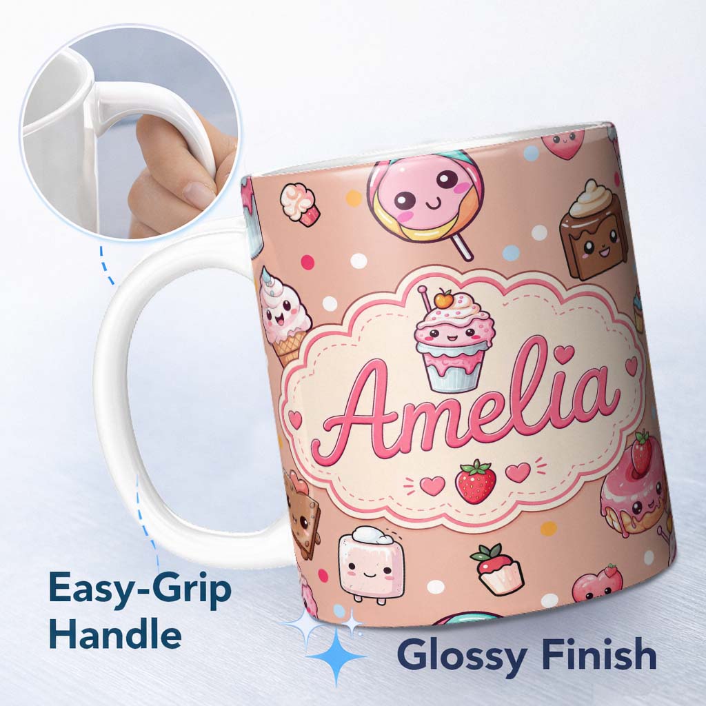 Personalized Custom Name Cute Kawaii Dessert Cake Cupcake Donut Candy Sweet Treat Seamless 11oz Ceramic Coffee Tea Mug White Large Handle