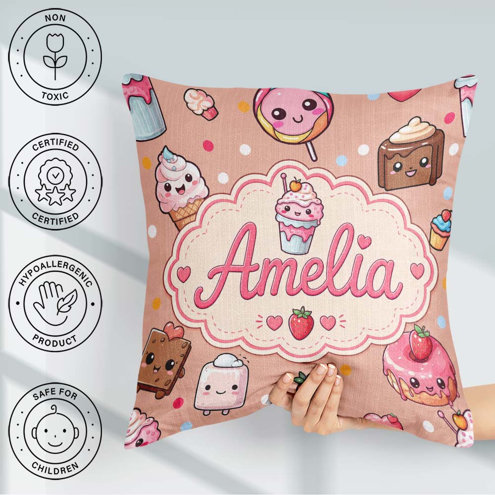 Custom Name Kawaii Dessert Cake Donut Candy Sweet Treat Seamless Square Filled Cushion Throw Pillow Sofa Bed Home Decor Zip Washable UK Made