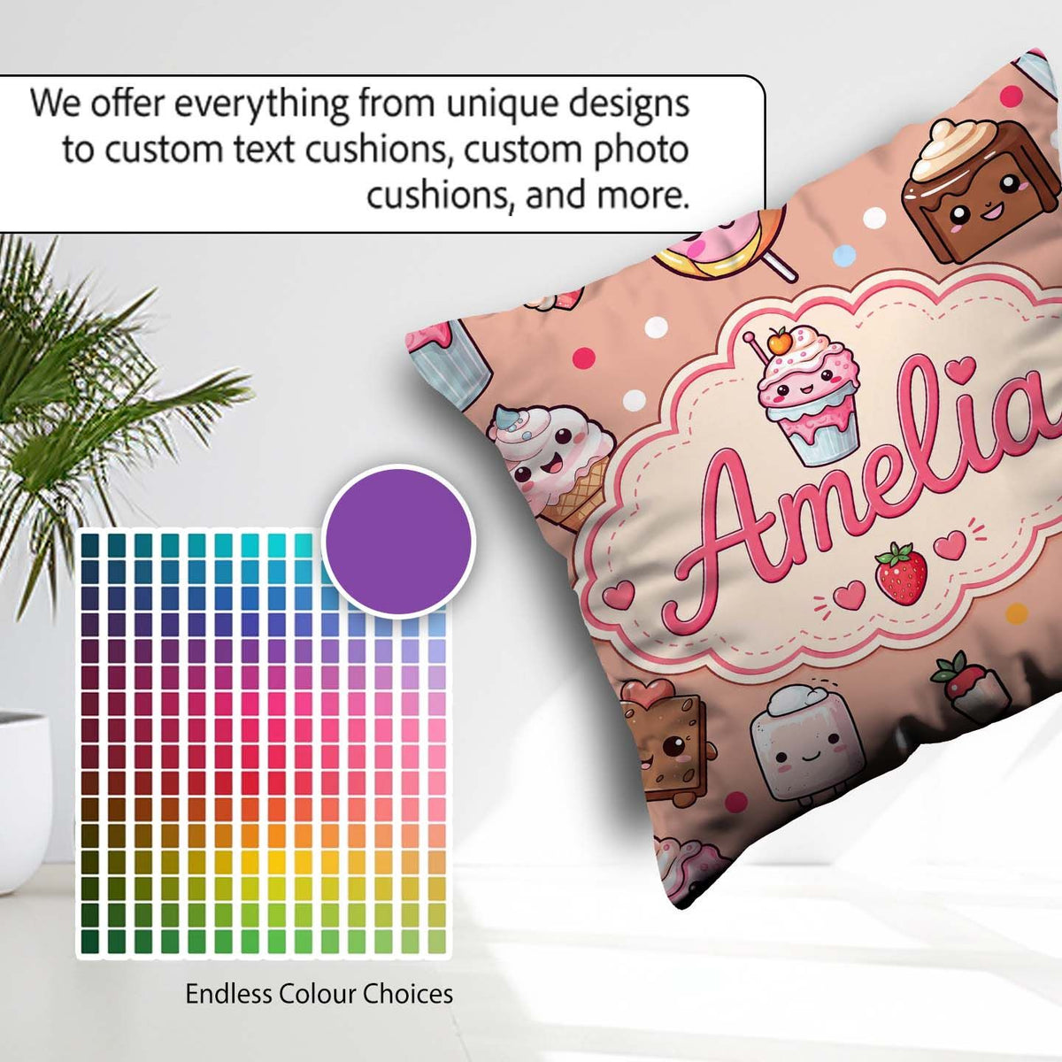 Custom Name Kawaii Dessert Cake Donut Candy Sweet Treat Seamless Square Filled Cushion Throw Pillow Sofa Bed Home Decor Zip Washable UK Made