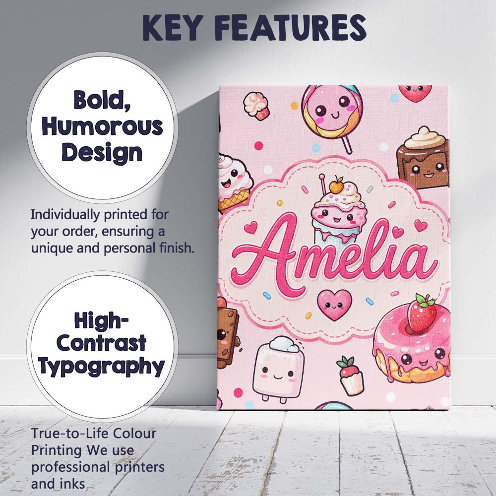 Personalised Name Cute Kawaii Dessert Cake Custom Unique Gift Idea Elegant Feature Canvas Wall Art Print Decor Picture Ready to Hang