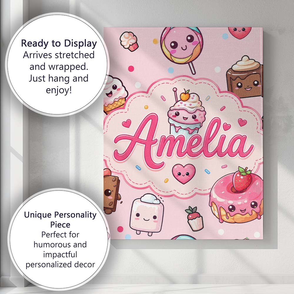 Personalised Name Cute Kawaii Dessert Cake Custom Unique Gift Idea Elegant Feature Canvas Wall Art Print Decor Picture Ready to Hang