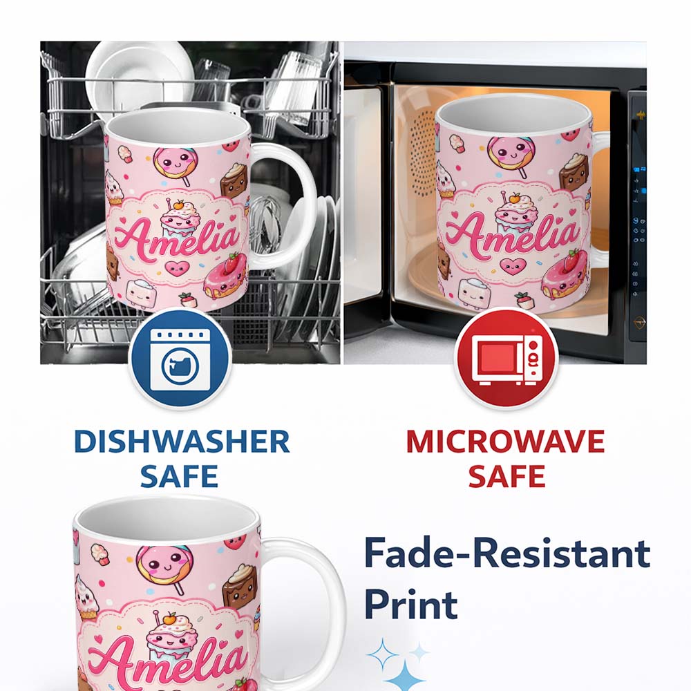 Personalized Custom Name Cute Kawaii Dessert Cake Cupcake Donut Candy Sweet Treat Seamless 11oz Ceramic Coffee Tea Mug White Large Handle