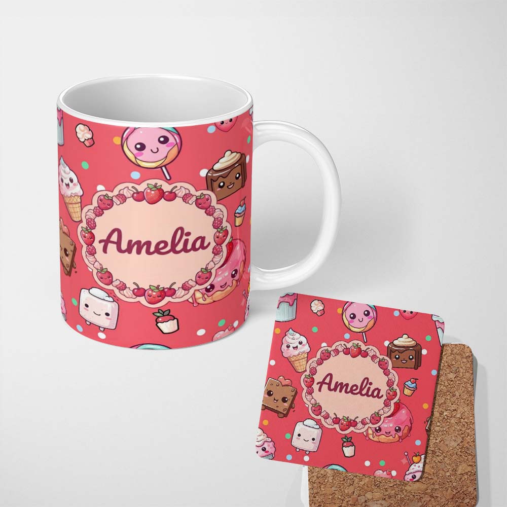 Personalized Custom Name Cute Kawaii Dessert Cake Cupcake Donut Candy Sweet Treat Seamless 11oz Ceramic Coffee Tea Mug White Large Handle