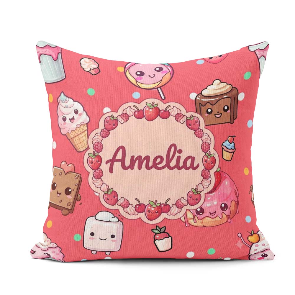 Custom Name Kawaii Dessert Cake Donut Candy Sweet Treat Seamless Square Filled Cushion Throw Pillow Sofa Bed Home Decor Zip Washable UK Made