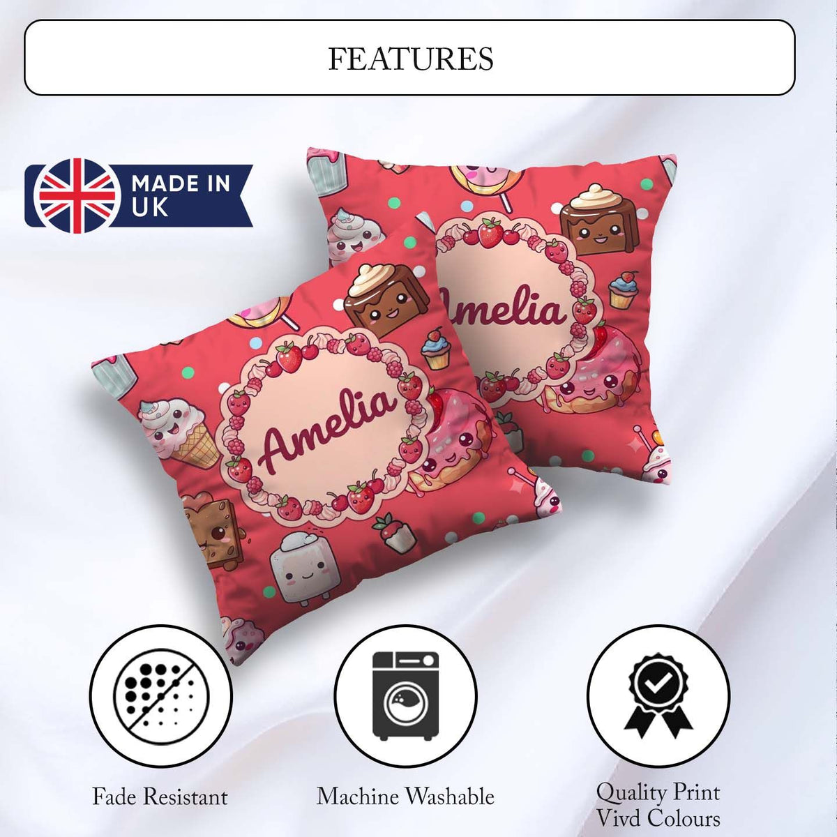 Custom Name Kawaii Dessert Cake Donut Candy Sweet Treat Seamless Square Filled Cushion Throw Pillow Sofa Bed Home Decor Zip Washable UK Made