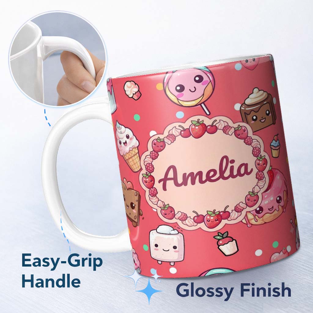 Personalized Custom Name Cute Kawaii Dessert Cake Cupcake Donut Candy Sweet Treat Seamless 11oz Ceramic Coffee Tea Mug White Large Handle