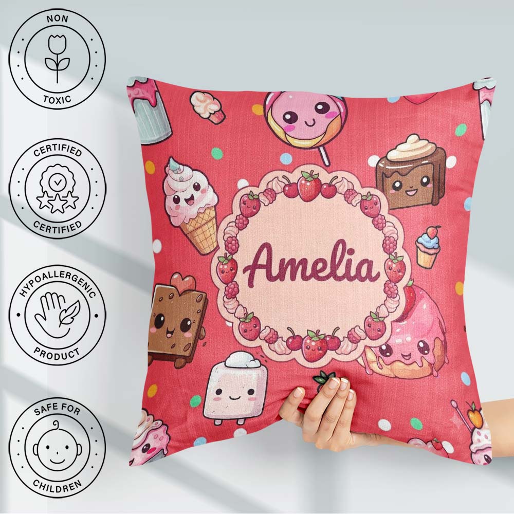 Custom Name Kawaii Dessert Cake Donut Candy Sweet Treat Seamless Square Filled Cushion Throw Pillow Sofa Bed Home Decor Zip Washable UK Made