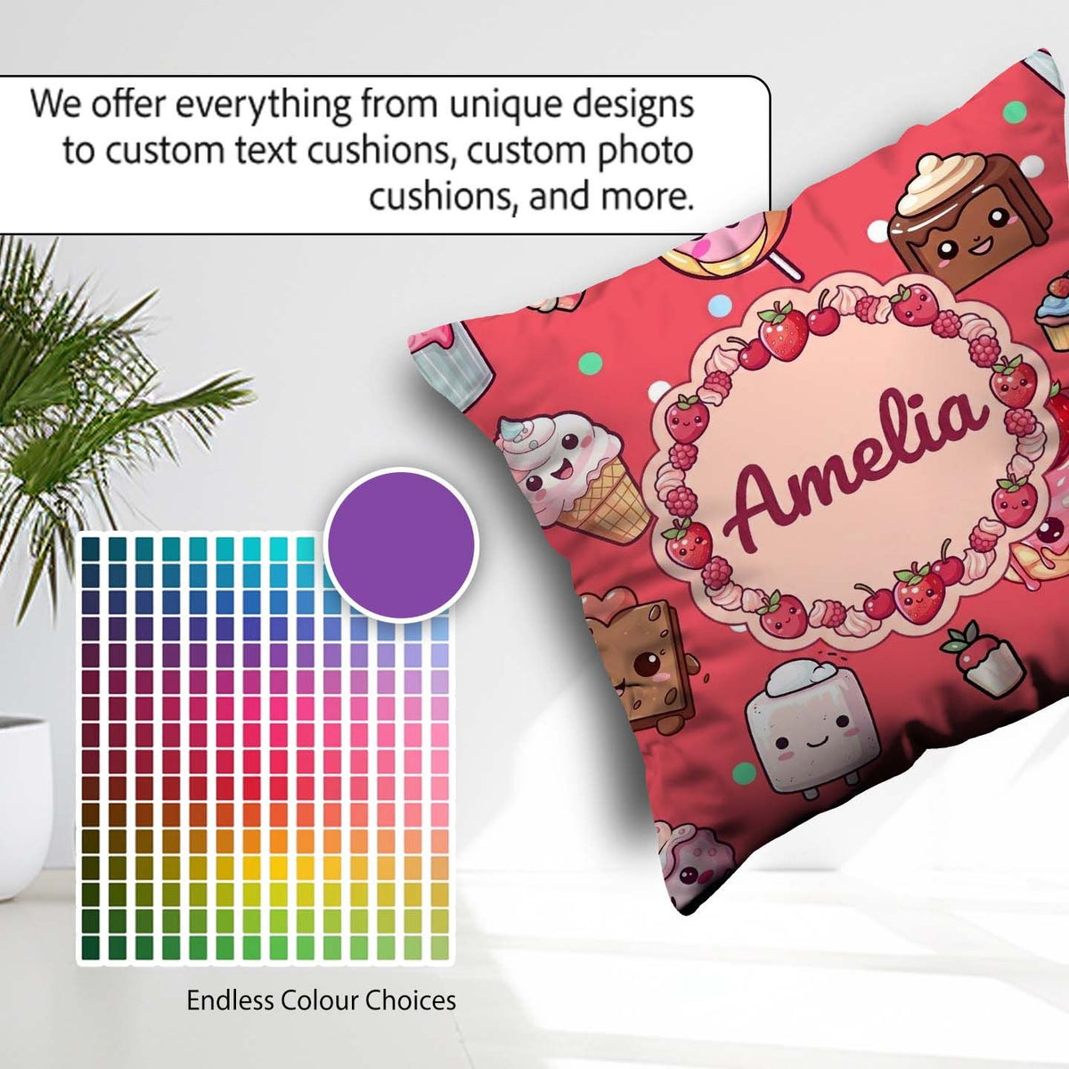 Custom Name Kawaii Dessert Cake Donut Candy Sweet Treat Seamless Square Filled Cushion Throw Pillow Sofa Bed Home Decor Zip Washable UK Made