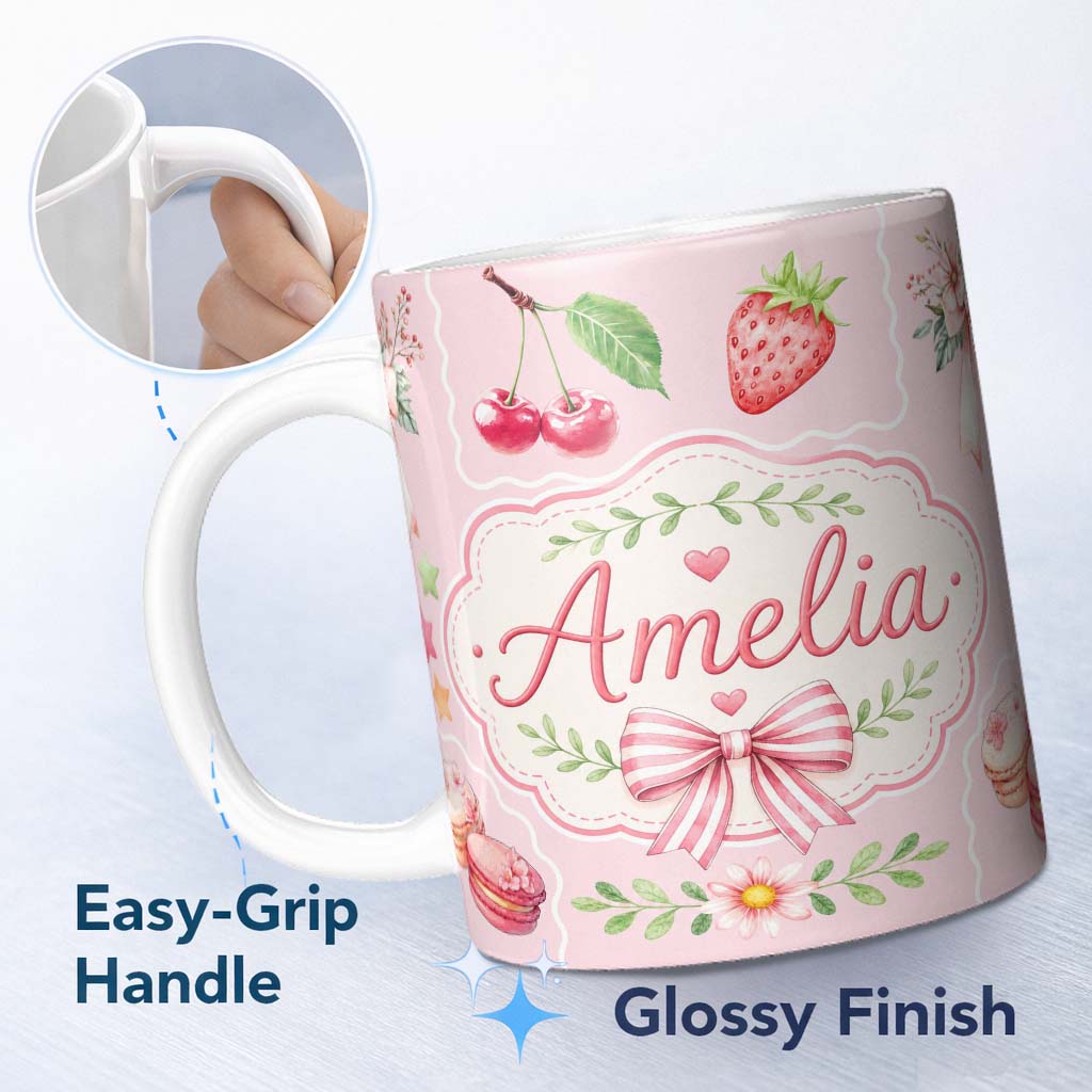 Personalized Custom Name Cute Strawberry Cherry Ribbon Bow Sweet Dessert Pattern Soft Pink 11oz Ceramic Coffee Tea Mug White Large Handle