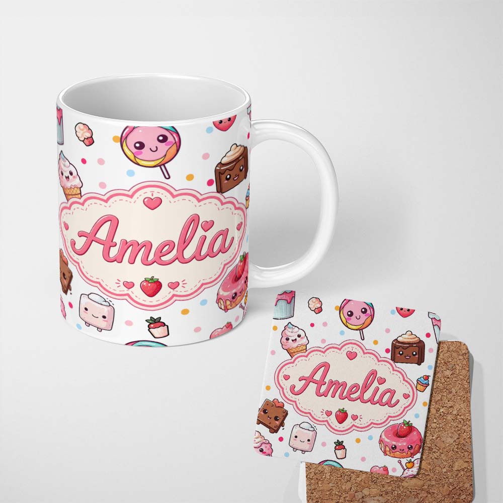 Personalized Custom Name Cute Kawaii Dessert Cake Cupcake Donut Candy Sweet Treat Seamless 11oz Ceramic Coffee Tea Mug White Large Handle