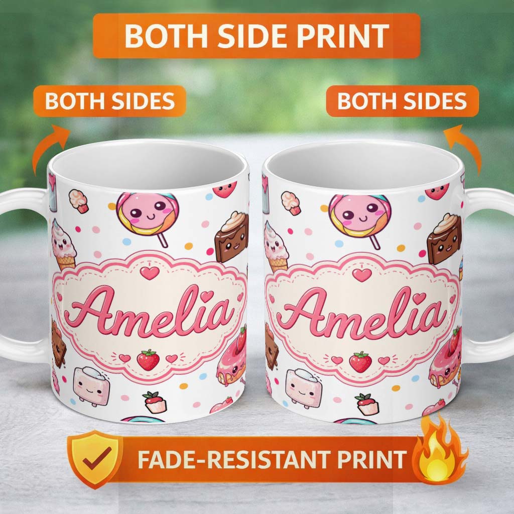 Personalized Custom Name Cute Kawaii Dessert Cake Cupcake Donut Candy Sweet Treat Seamless 11oz Ceramic Coffee Tea Mug White Large Handle