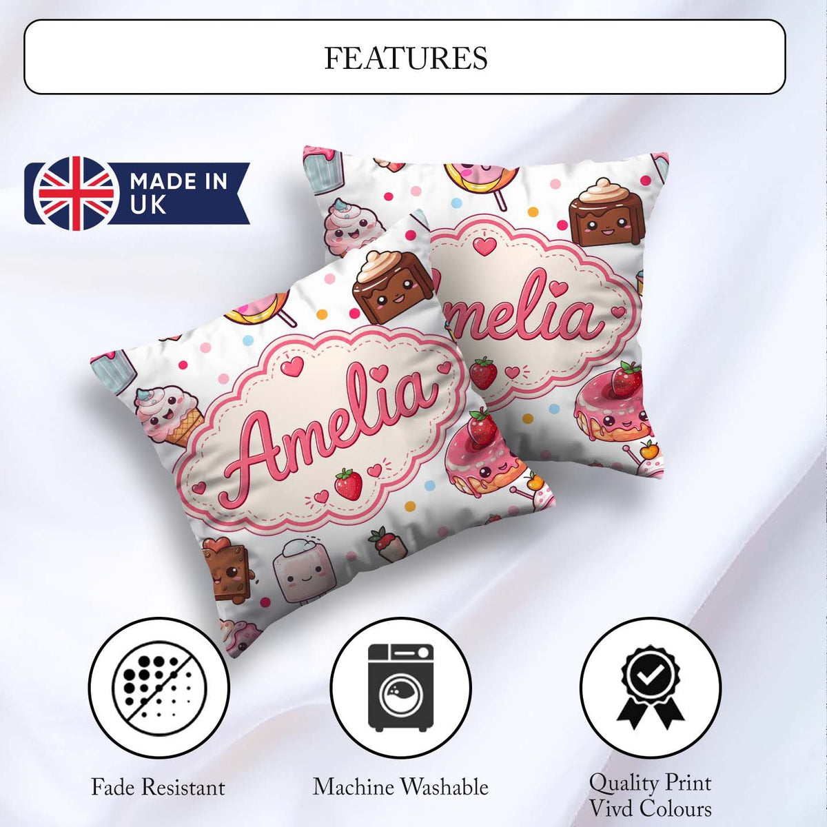 Custom Name Kawaii Dessert Cake Donut Candy Sweet Treat Seamless Square Filled Cushion Throw Pillow Sofa Bed Home Decor Zip Washable UK Made