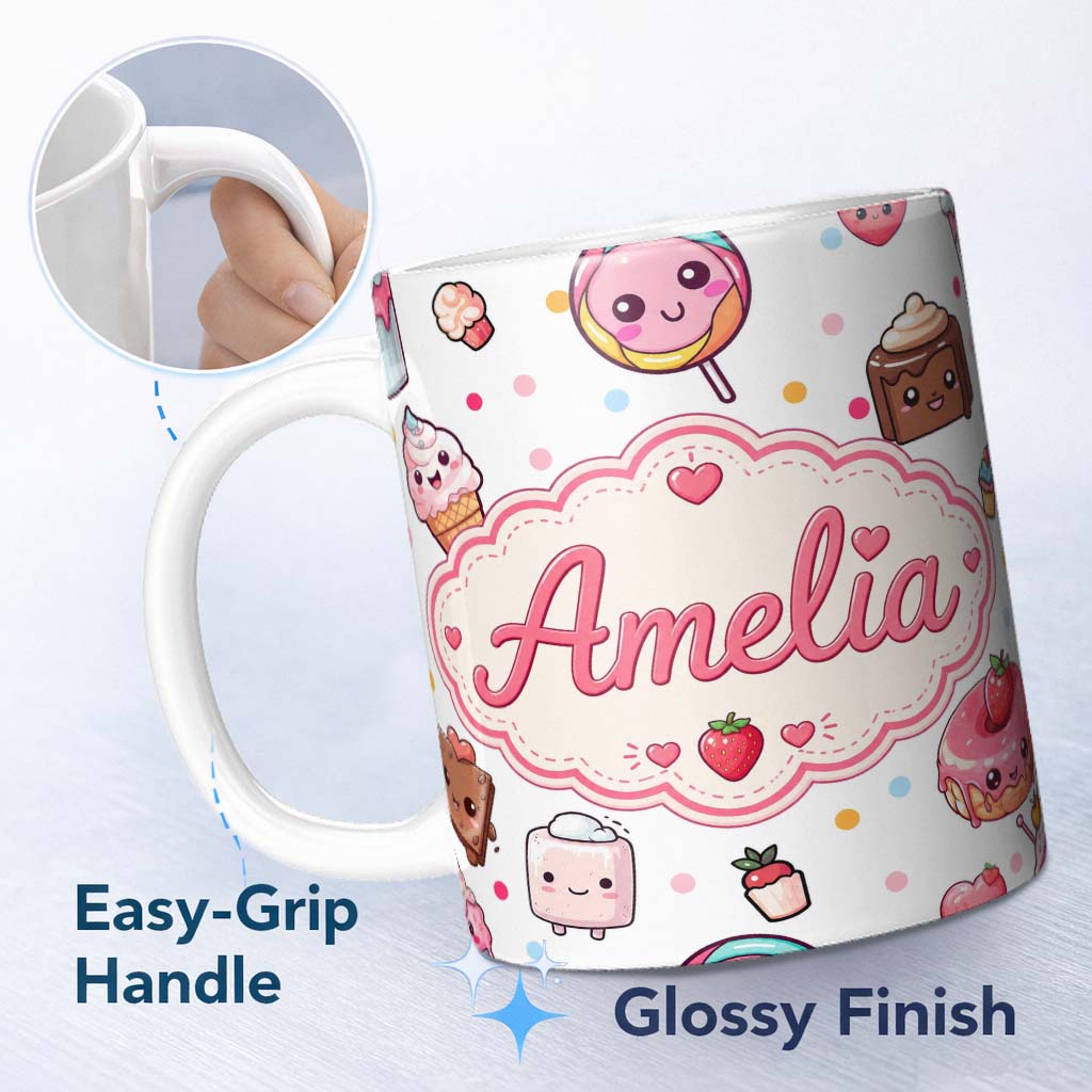 Personalized Custom Name Cute Kawaii Dessert Cake Cupcake Donut Candy Sweet Treat Seamless 11oz Ceramic Coffee Tea Mug White Large Handle