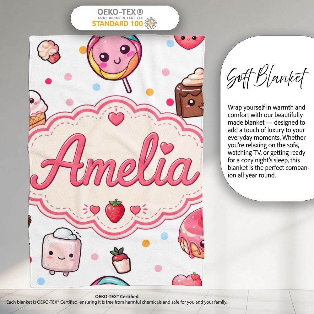 Cute Kawaii Dessert Cake Cupcake Donut Candy Sweet Treat Seamless Personalised Custom Name Super Soft Fleece Blanket Bed Sofa Throw