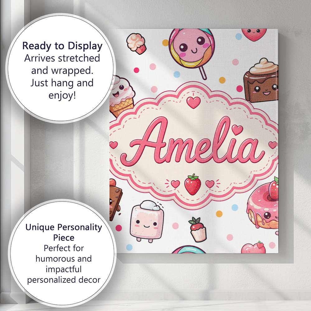 Personalised Name Cute Kawaii Dessert Cake Custom Unique Gift Idea Elegant Feature Canvas Wall Art Print Decor Picture Ready to Hang
