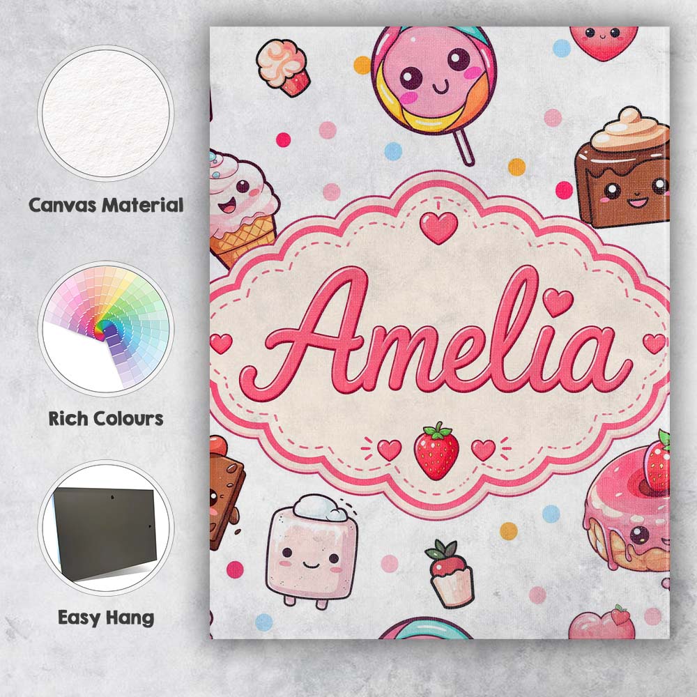Personalised Name Cute Kawaii Dessert Cake Custom Unique Gift Idea Elegant Feature Canvas Wall Art Print Decor Picture Ready to Hang