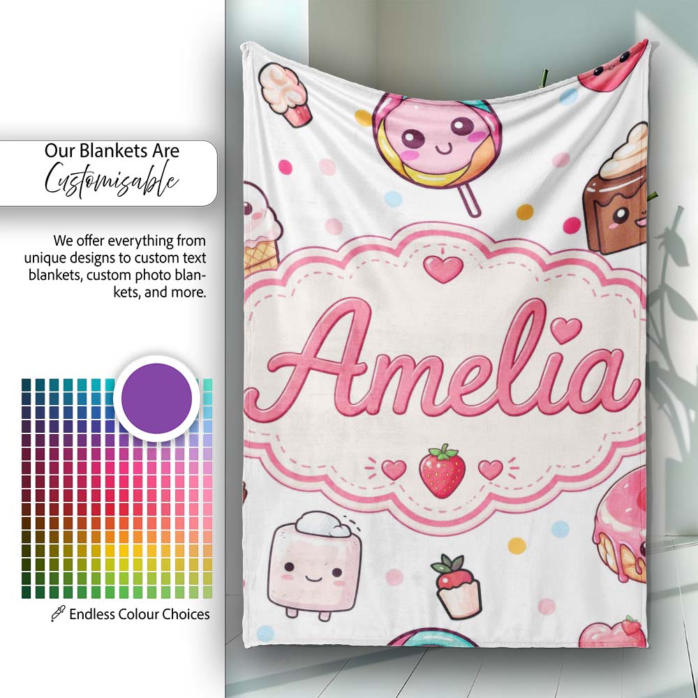 Cute Kawaii Dessert Cake Cupcake Donut Candy Sweet Treat Seamless Personalised Custom Name Super Soft Fleece Blanket Bed Sofa Throw
