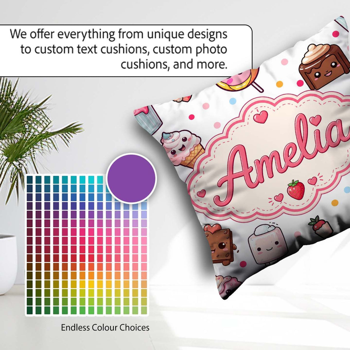 Custom Name Kawaii Dessert Cake Donut Candy Sweet Treat Seamless Square Filled Cushion Throw Pillow Sofa Bed Home Decor Zip Washable UK Made