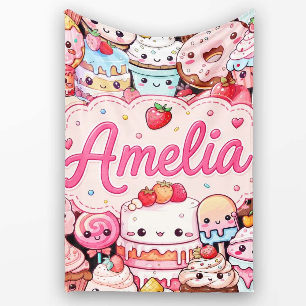 Cute Kawaii Dessert Cake Cupcake Donut Candy Sweet Treat Collage Personalised Custom Name Super Soft Fleece Blanket Bed Sofa Throw