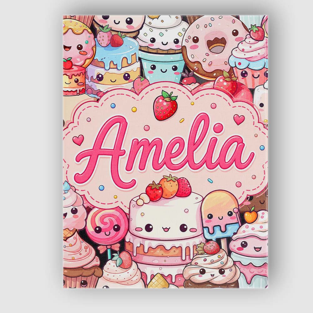 Personalised Name Cute Kawaii Dessert Cake Custom Unique Gift Idea Elegant Feature Canvas Wall Art Print Decor Picture Ready to Hang