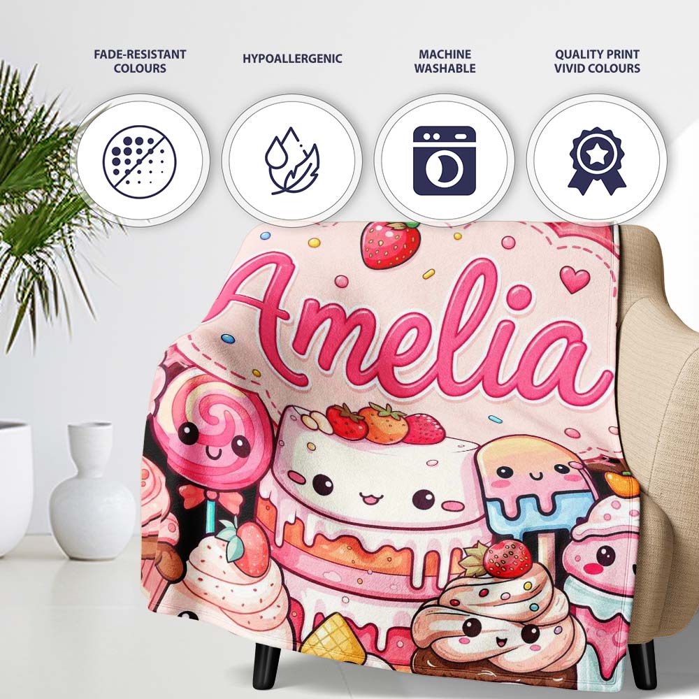Cute Kawaii Dessert Cake Cupcake Donut Candy Sweet Treat Collage Personalised Custom Name Super Soft Fleece Blanket Bed Sofa Throw