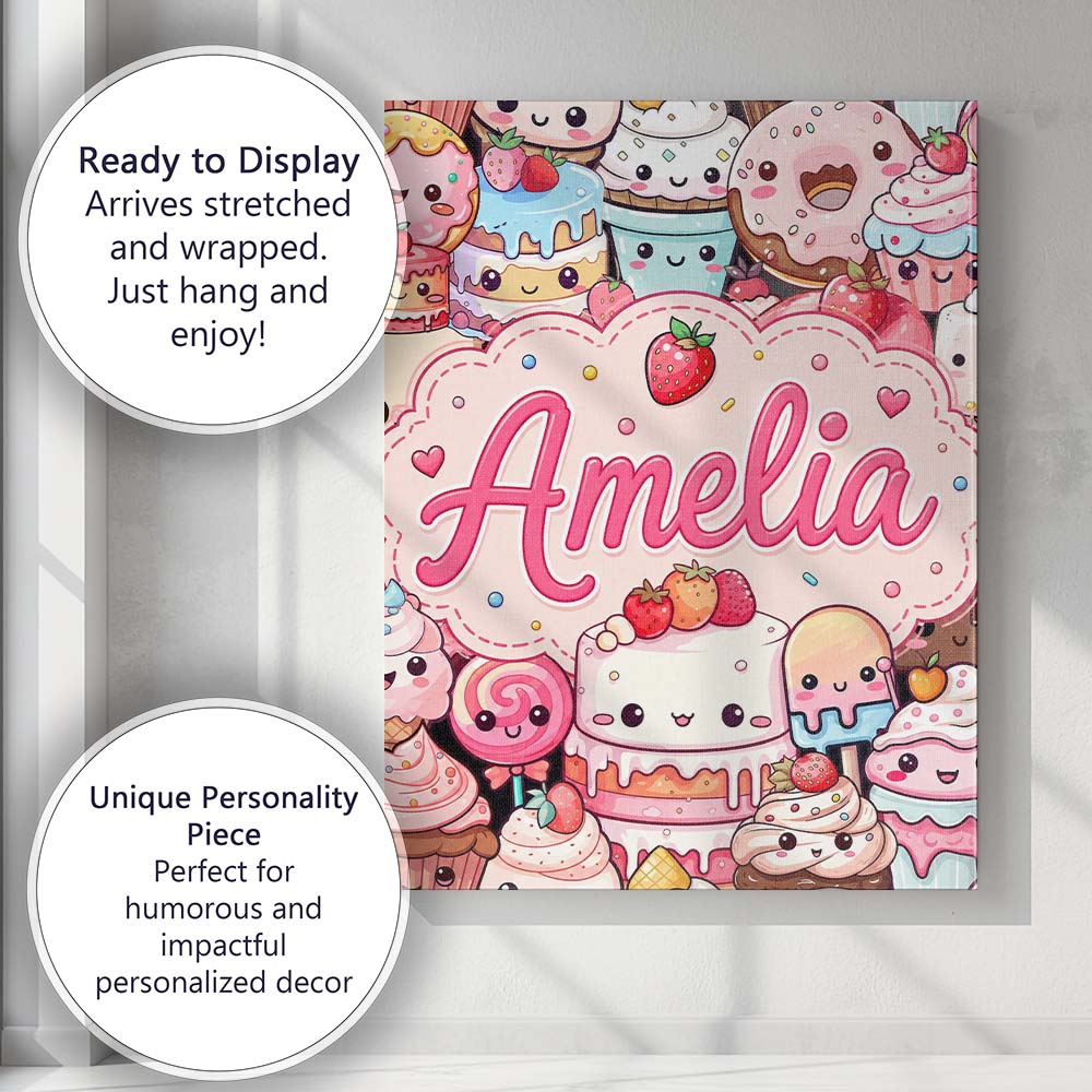 Personalised Name Cute Kawaii Dessert Cake Custom Unique Gift Idea Elegant Feature Canvas Wall Art Print Decor Picture Ready to Hang