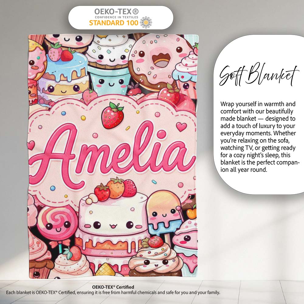 Cute Kawaii Dessert Cake Cupcake Donut Candy Sweet Treat Collage Personalised Custom Name Super Soft Fleece Blanket Bed Sofa Throw
