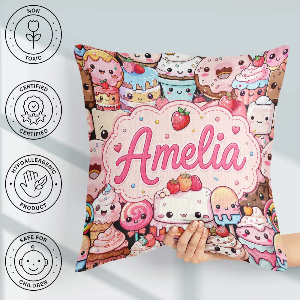 Custom Name Dessert Cake Cupcake Donut Candy Sweet Treat Collage Square Filled Cushion Throw Pillow Sofa Bed Home Decor Zip Washable UK Made
