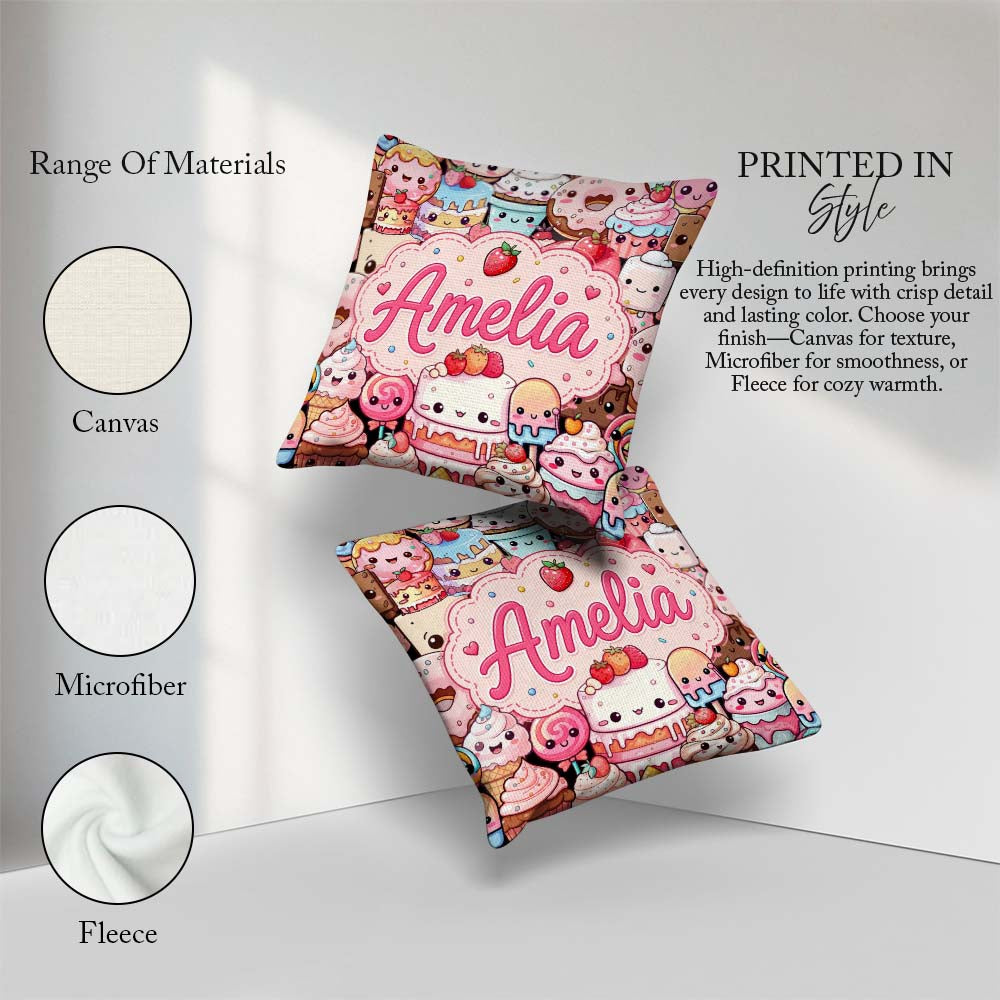 Custom Name Dessert Cake Cupcake Donut Candy Sweet Treat Collage Square Filled Cushion Throw Pillow Sofa Bed Home Decor Zip Washable UK Made