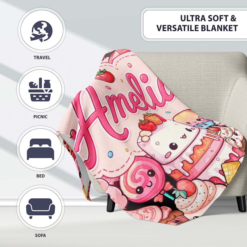 Cute Kawaii Dessert Cake Cupcake Donut Candy Sweet Treat Collage Personalised Custom Name Super Soft Fleece Blanket Bed Sofa Throw