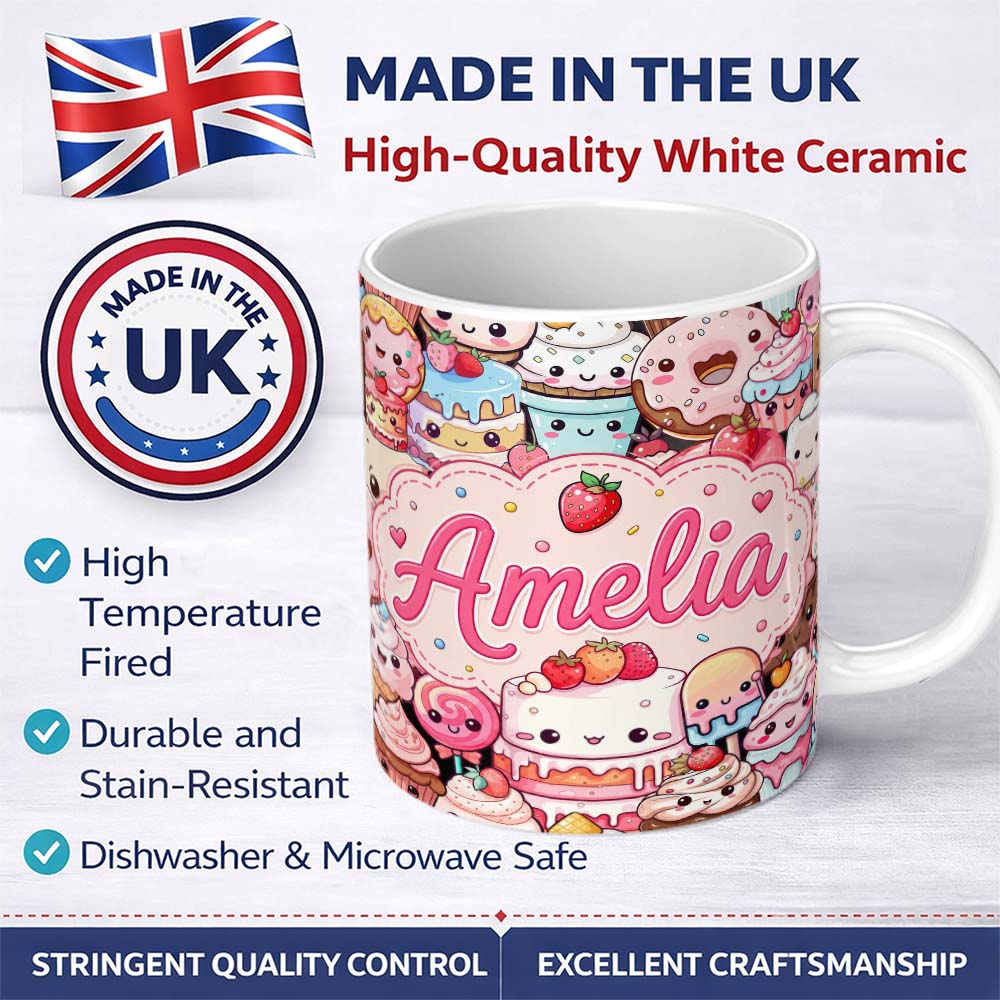 Personalized Custom Name Cute Kawaii Dessert Cake Cupcake Donut Candy Sweet Treat Collage 11oz Ceramic Coffee Tea Mug White Large Handle