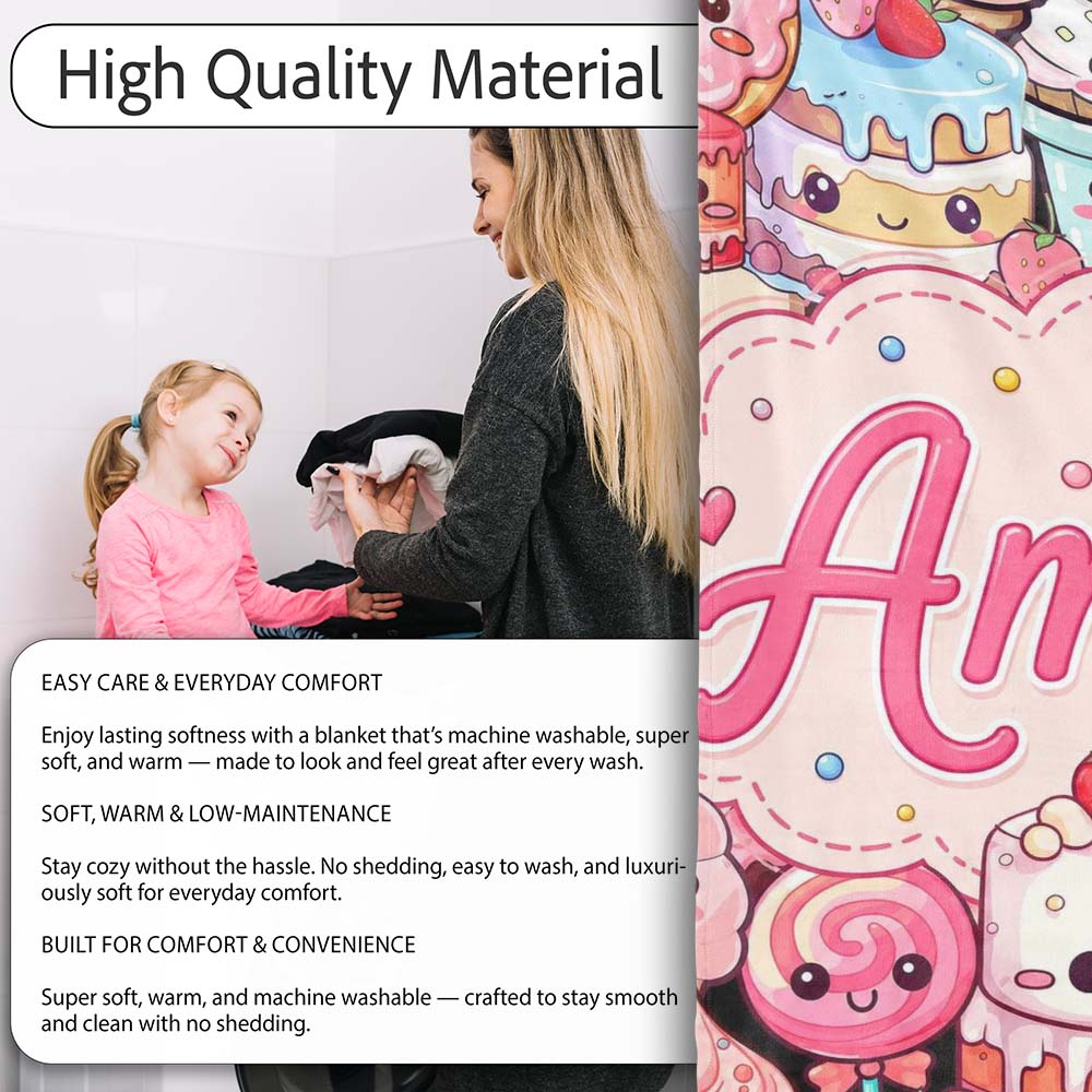 Cute Kawaii Dessert Cake Cupcake Donut Candy Sweet Treat Collage Personalised Custom Name Super Soft Fleece Blanket Bed Sofa Throw