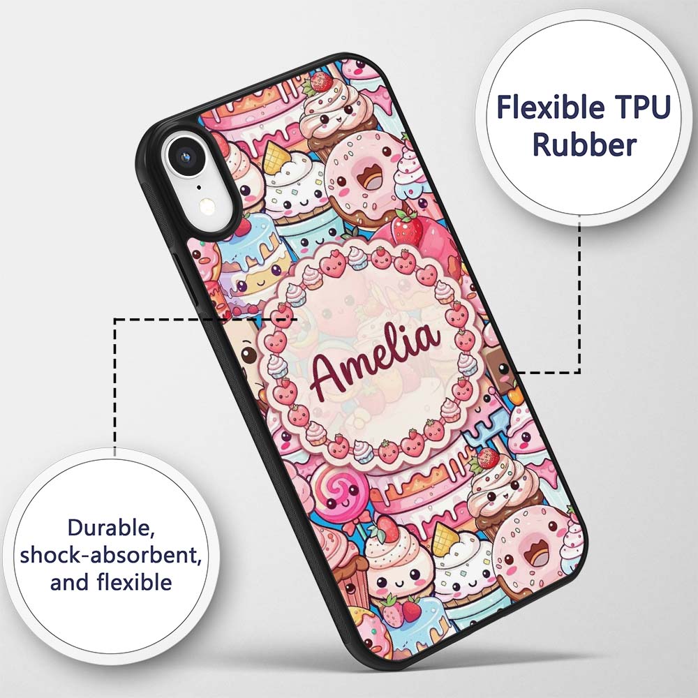 Cute Kawaii Dessert Cake Cupcake Donut Candy Custom Name Protective Phone Case Mobile Cover Durable Everyday Smartphone Shock Resistant