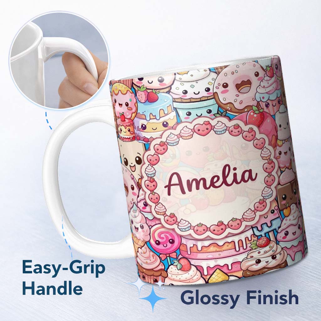 Personalized Custom Name Cute Kawaii Dessert Cake Cupcake Donut Candy Sweet Treat Collage 11oz Ceramic Coffee Tea Mug White Large Handle
