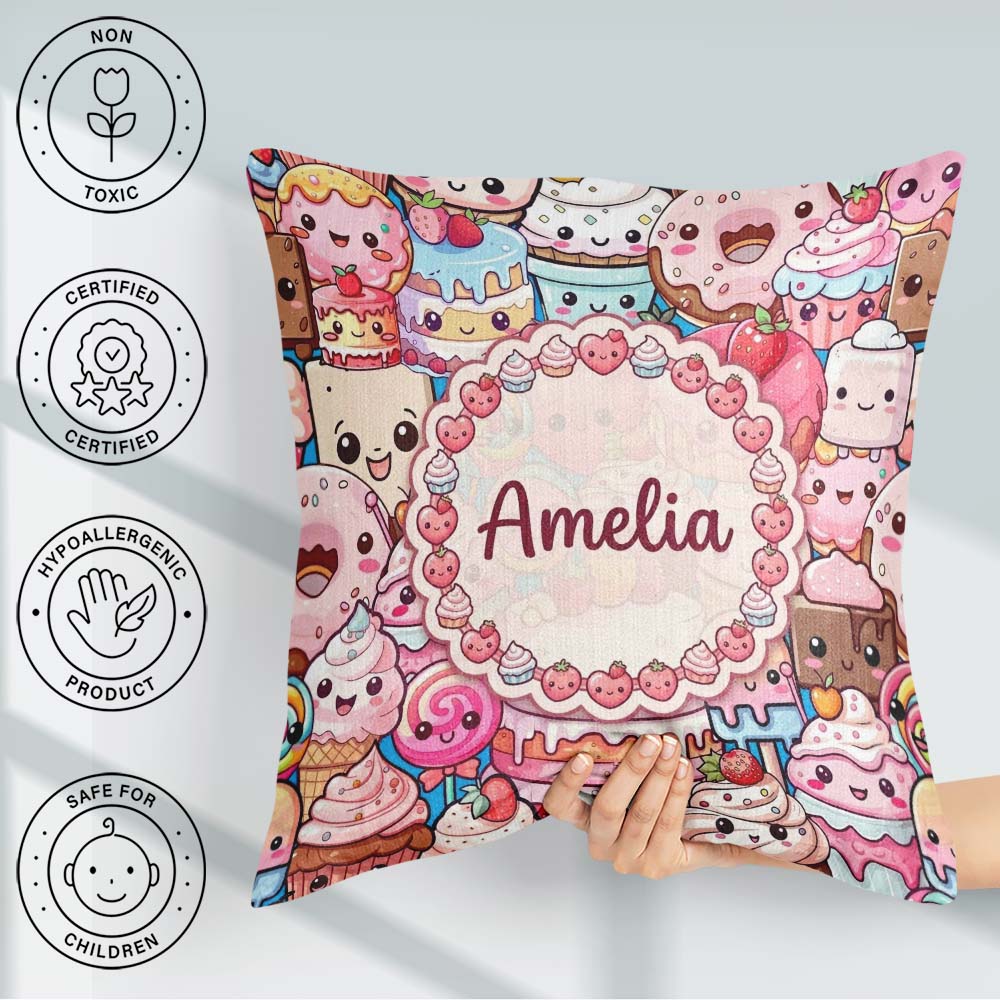 Custom Name Dessert Cake Cupcake Donut Candy Sweet Treat Collage Square Filled Cushion Throw Pillow Sofa Bed Home Decor Zip Washable UK Made