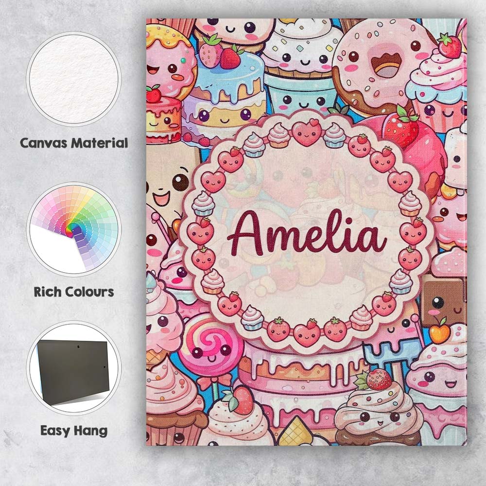 Personalised Name Cute Kawaii Dessert Cake Custom Unique Gift Idea Elegant Feature Canvas Wall Art Print Decor Picture Ready to Hang