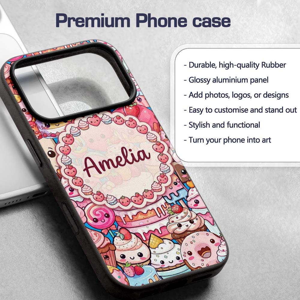Cute Kawaii Dessert Cake Cupcake Donut Candy Custom Name Protective Phone Case Mobile Cover Durable Everyday Smartphone Shock Resistant