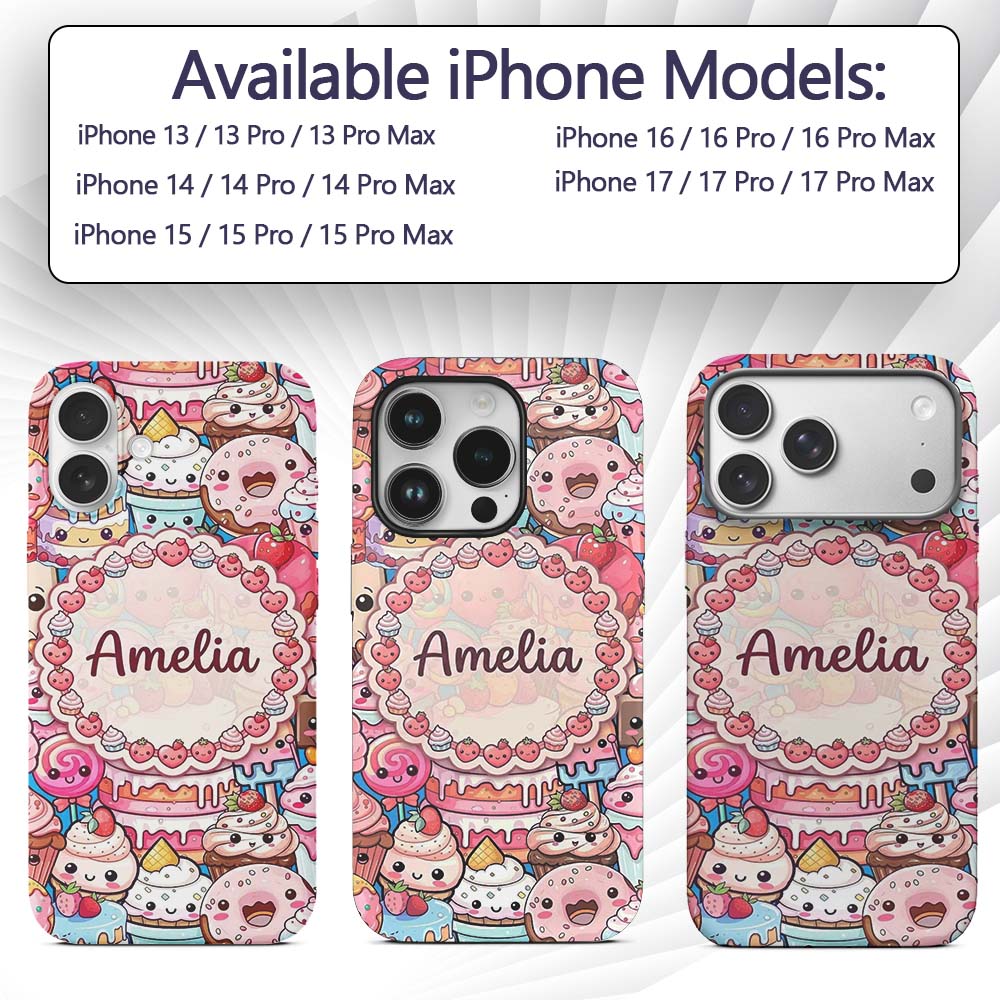 Cute Kawaii Dessert Cake Cupcake Donut Candy Custom Name Protective Phone Case Mobile Cover Durable Everyday Smartphone Shock Resistant