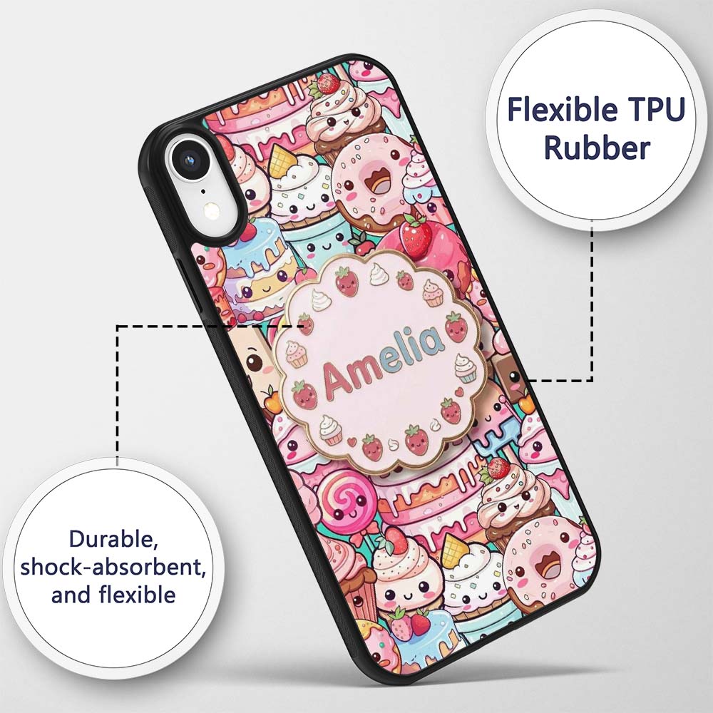 Cute Kawaii Dessert Cake Cupcake Donut Candy Custom Name Protective Phone Case Mobile Cover Durable Everyday Smartphone Shock Resistant